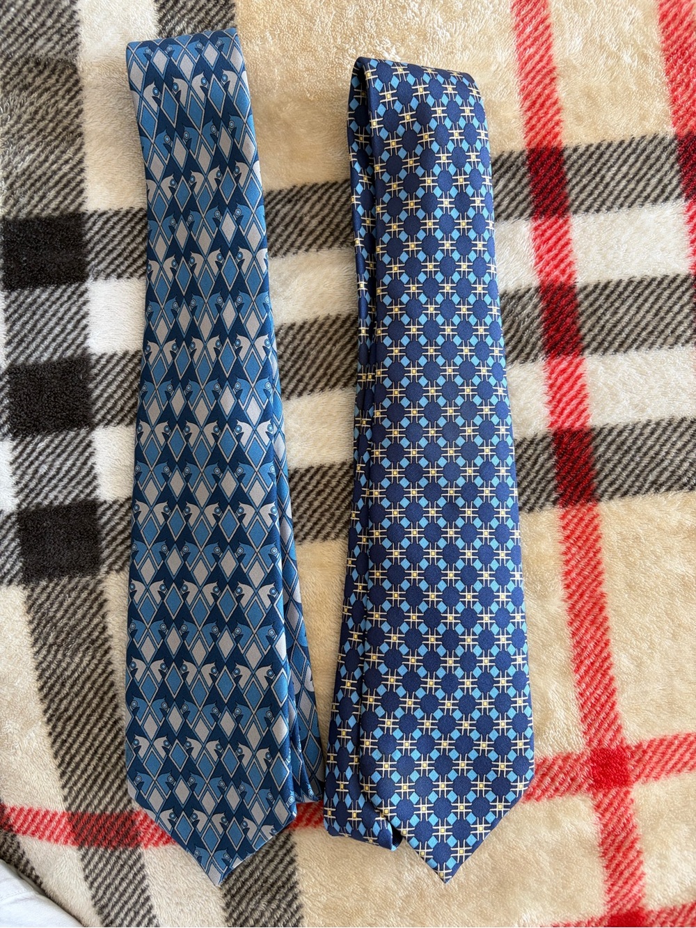 Hermes Blue Geometric Silk Tie Duo